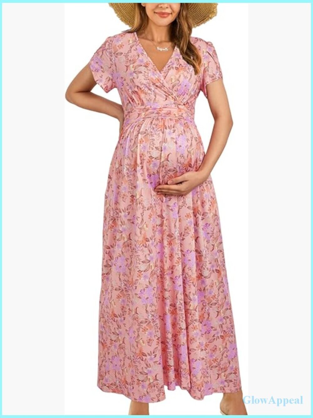 Maternity Maxi Dress Wrap V-Neck Short Sleeve Nursing Summer